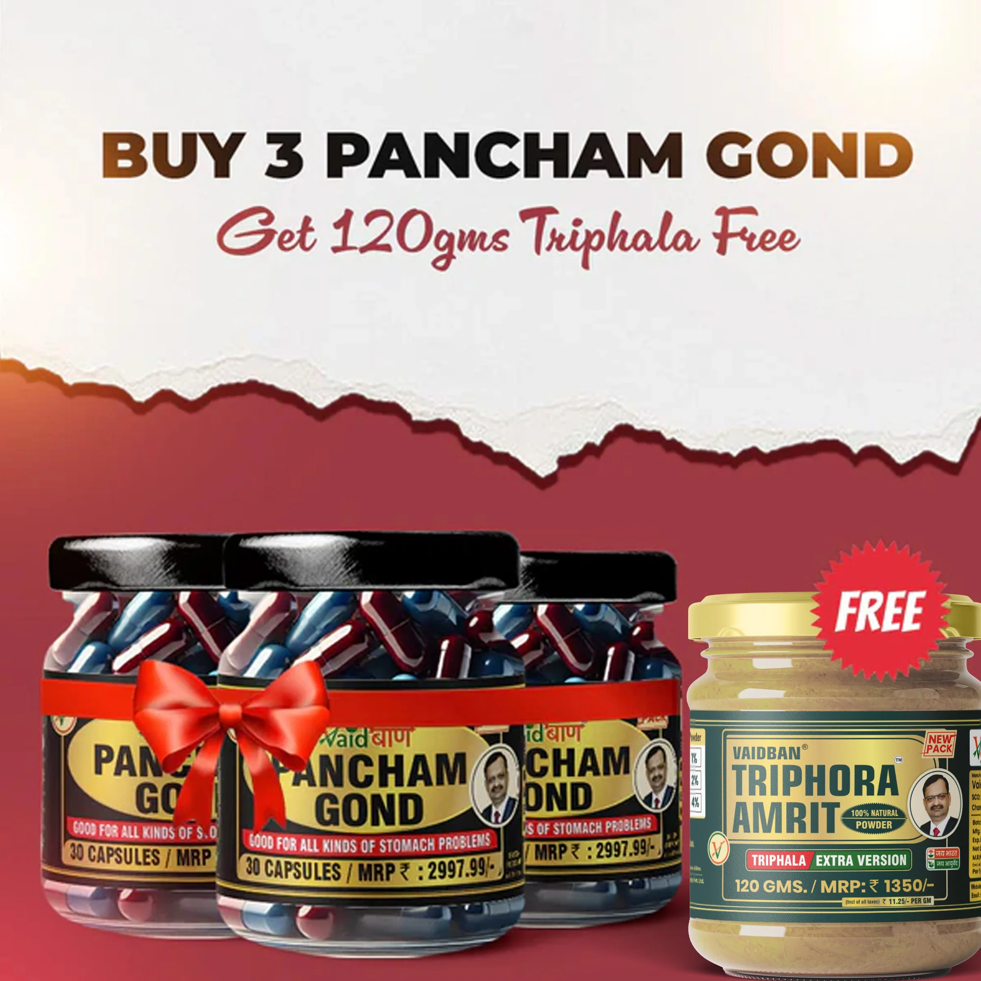 Vaidban Pancham Gond Combo – 3x Capsules + Free Triphala : Stomach Relief & Detox